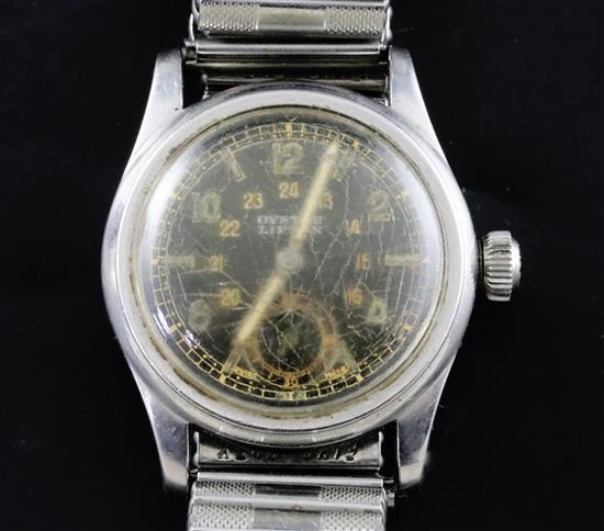 A gentlemans 1940s stainless steel mid-size Rolex Oyster Lipton manual wind wrist watch with black military dial